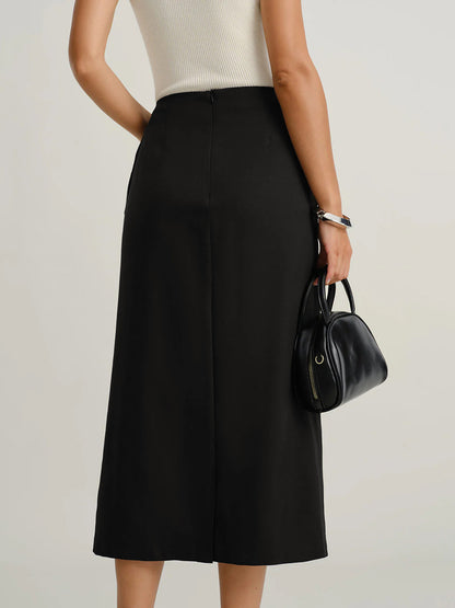 Claire Tailored High Waisted Black Midi Skirt with Slit | Button Front Midi Pencil Skirt