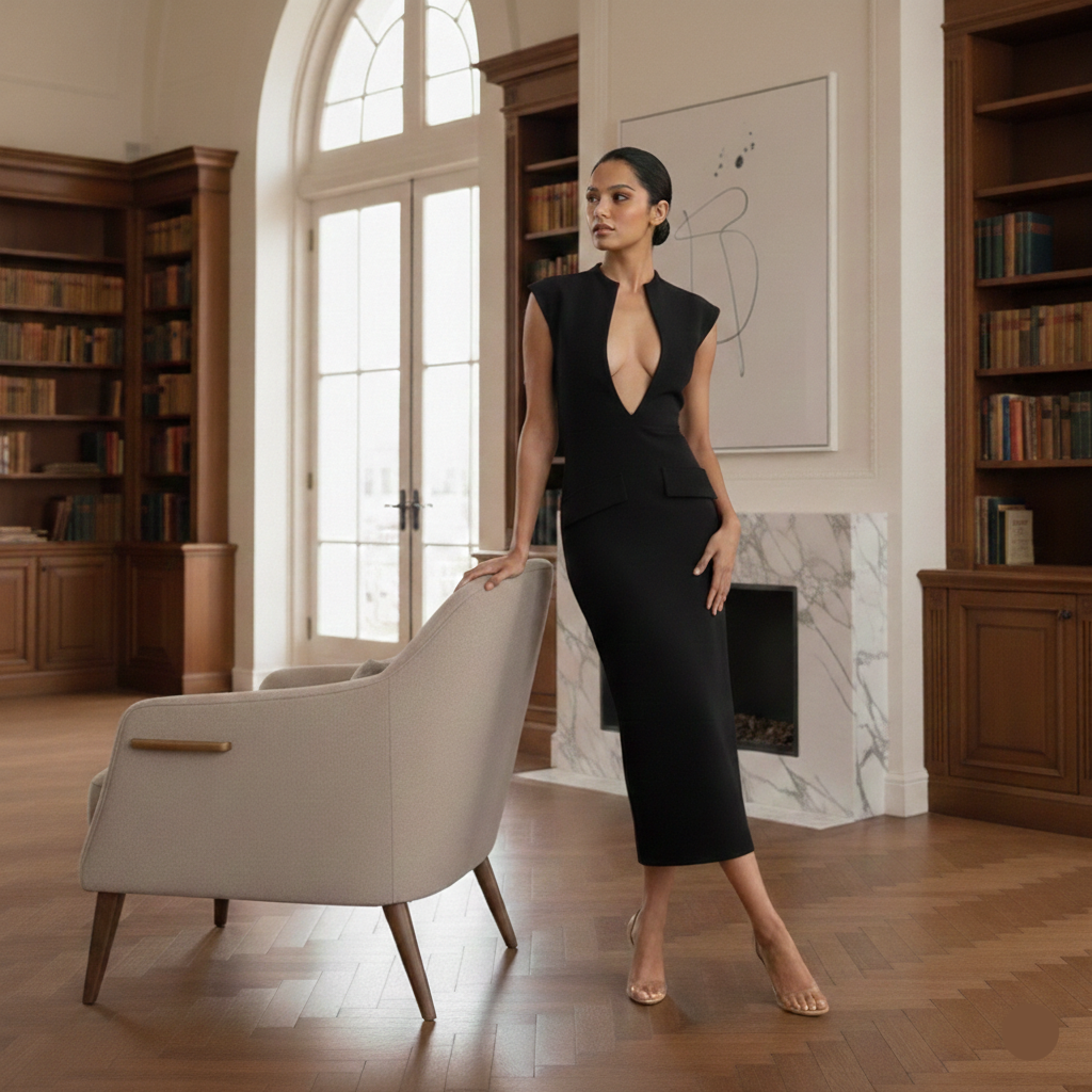 business casual dress women, burgundy midi dress, elegant midi dress for women over 30, wrinkle resistant midi dress, quiet luxury evening dress, minimalist evening dress, sheath midi dress with plunge neckline, structured sleeveless midi dress.