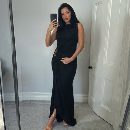 black asymmetric draped maxi dress women, black wedding guest dress women, black draped bodycon maxi dress for evening parties and cocktails, elegant cocktail dress, black maxi dress women, gold accent black formal dress for gala, classy dresses for evening party.