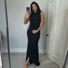 Load image into Gallery viewer, black asymmetric draped maxi dress women, black wedding guest dress women, black draped bodycon maxi dress for evening parties and cocktails, elegant cocktail dress, black maxi dress women, gold accent black formal dress for gala, classy dresses for evening party.