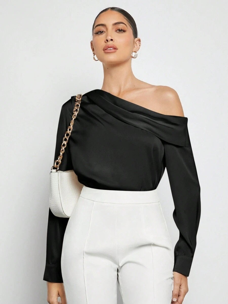 One-shoulder satin blouse in, silky finish  black and asymmetrical neckline ideal women’s cocktail top or satin evening blouse that works for day-to-night, one-shoulder evening top women, work to evening satin top women.