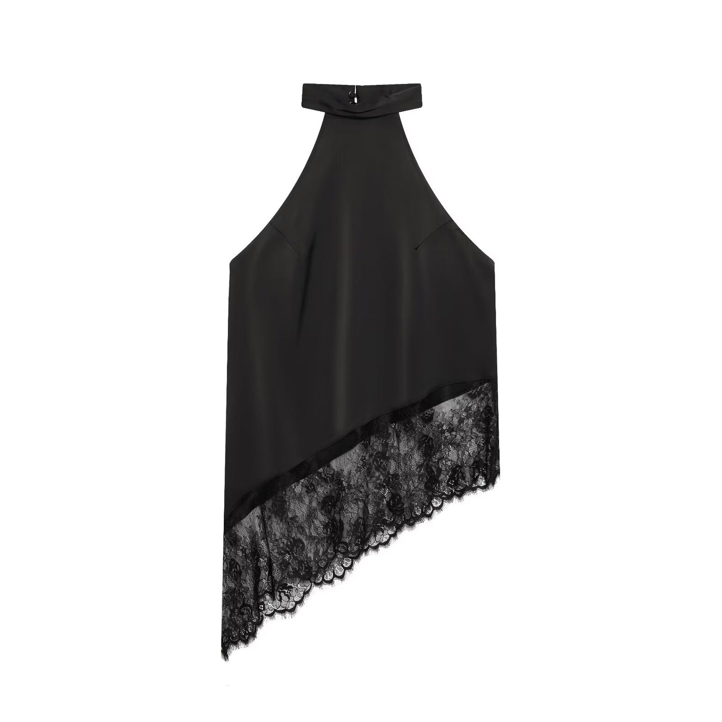 Amalfi High Neck Asymmetric Halter Lace-Hem Top | Elegant Satin Evening Halter Top