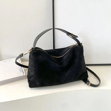 Load image into Gallery viewer, suede shoulder bag, convertible crossbody bag, v, Suede shoulder hobo, roomy slouchy silhouette, removable strap for crossbody wear, commuter work bag for women, travel tote, neutral fall handbag, old money style, suede tote bag, suede soft tote bag, quiet luxury everyday handbag.