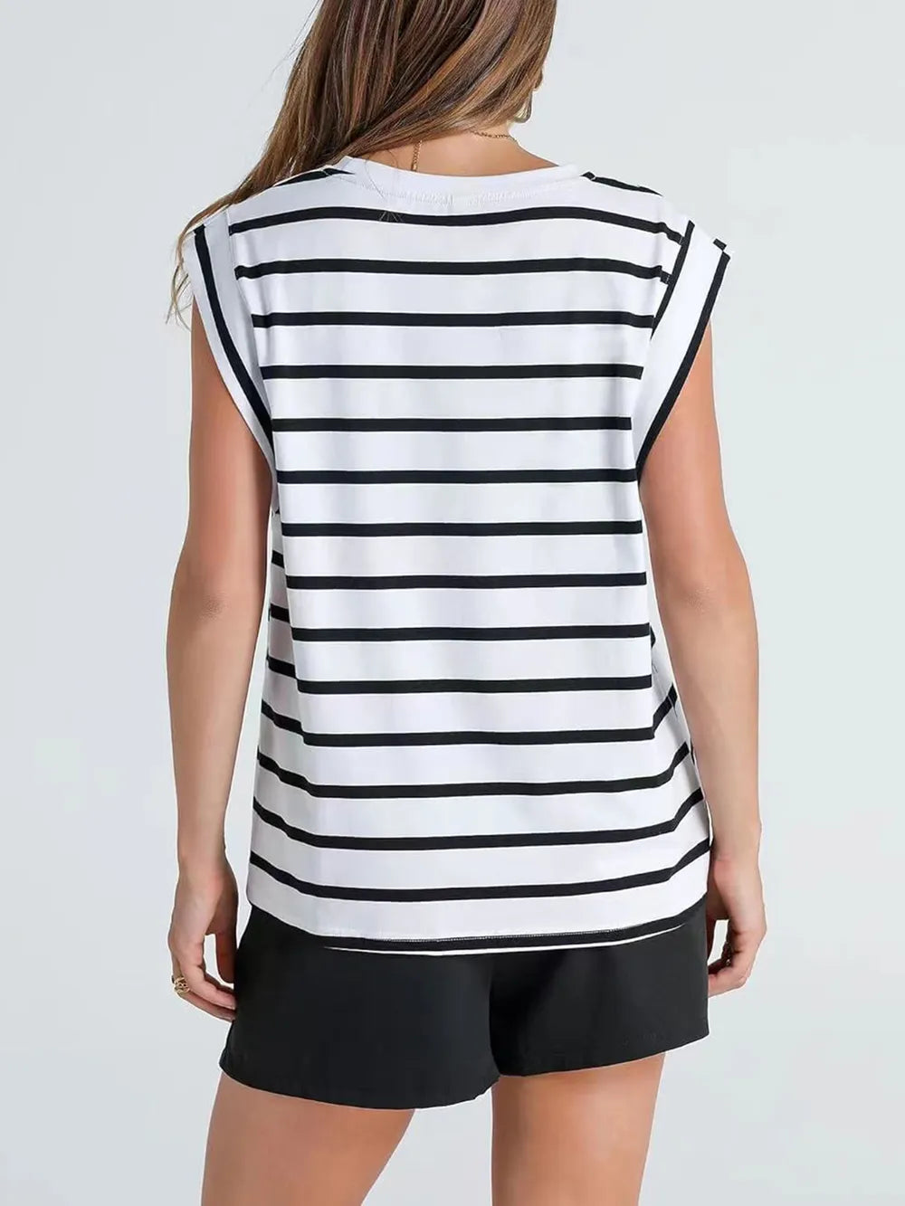 Nautical stripe muscle tee for women in soft smooth fabric with structured cap sleeves, Pinterest aesthetic casual summer top for old money inspired vacation outfits.