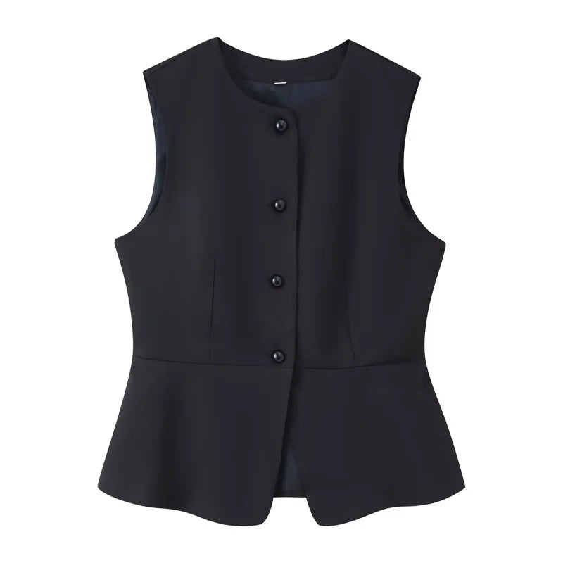 tailored vest women, black structured vest women, Sleeveless blazer vest women, structured fabric with cinched waist and flared peplum hem, minimal round neckline design, sleeveless blazer vest outfit aesthetic, ideal for office wear outfits, business casual tops women.