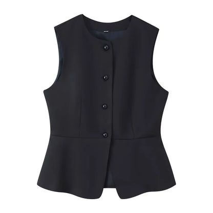 tailored vest women, black structured vest women, Sleeveless blazer vest women, structured fabric with cinched waist and flared peplum hem, minimal round neckline design, sleeveless blazer vest outfit aesthetic, ideal for office wear outfits, business casual tops women.