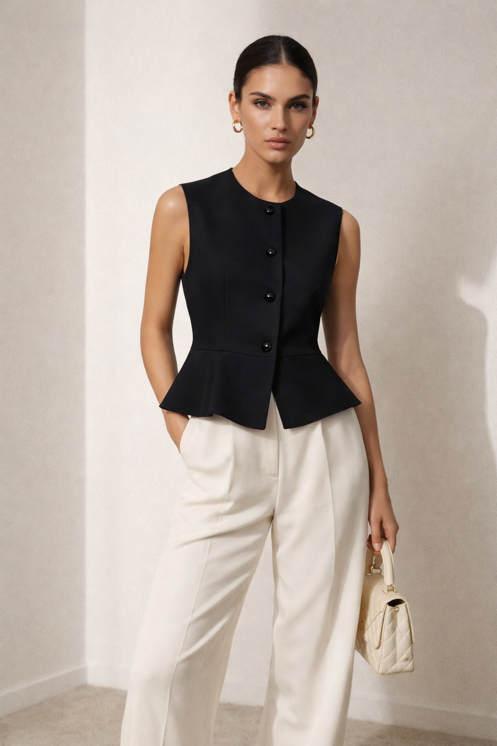 tailored vest women, black structured vest women, Sleeveless blazer vest women, structured fabric with cinched waist and flared peplum hem, minimal round neckline design, sleeveless blazer vest outfit aesthetic, ideal for office wear outfits, business casual tops women.