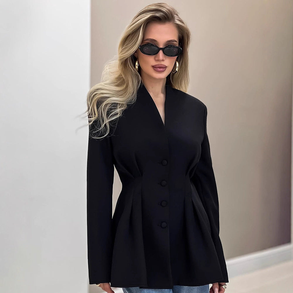 black tailored blazer for women, fitted black blazer for women office wear, sculpted waist blazer, sculpted waist black blazer women’s jacket showing the cinched pleated waist, V-neck collarless neckline, and long sleeves a tailored black blazer perfect for business meetings or night events.