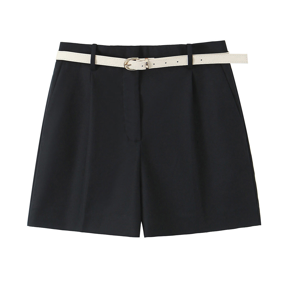 black tailored shorts, work clothes petite, shorts with belt loops, belted cargo shorts, ladies black tailored shorts, Tailored pleated wide-leg belted shorts for women in black, high-waist poly-cotton summer shorts for office wear, travel outfit, minimalist chic brunch look.