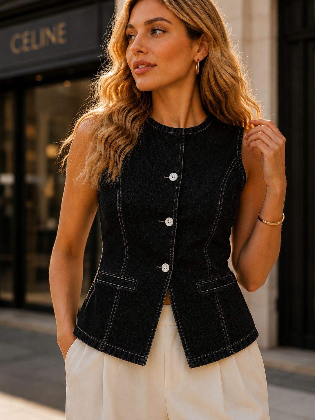 Tailored sleeveless denim vest top with a flattering fitted silhouette, button-front detail and welt pocket accents, designed for contemporary women's fashion, vacation outfits, brunch looks and polished everyday dressing.