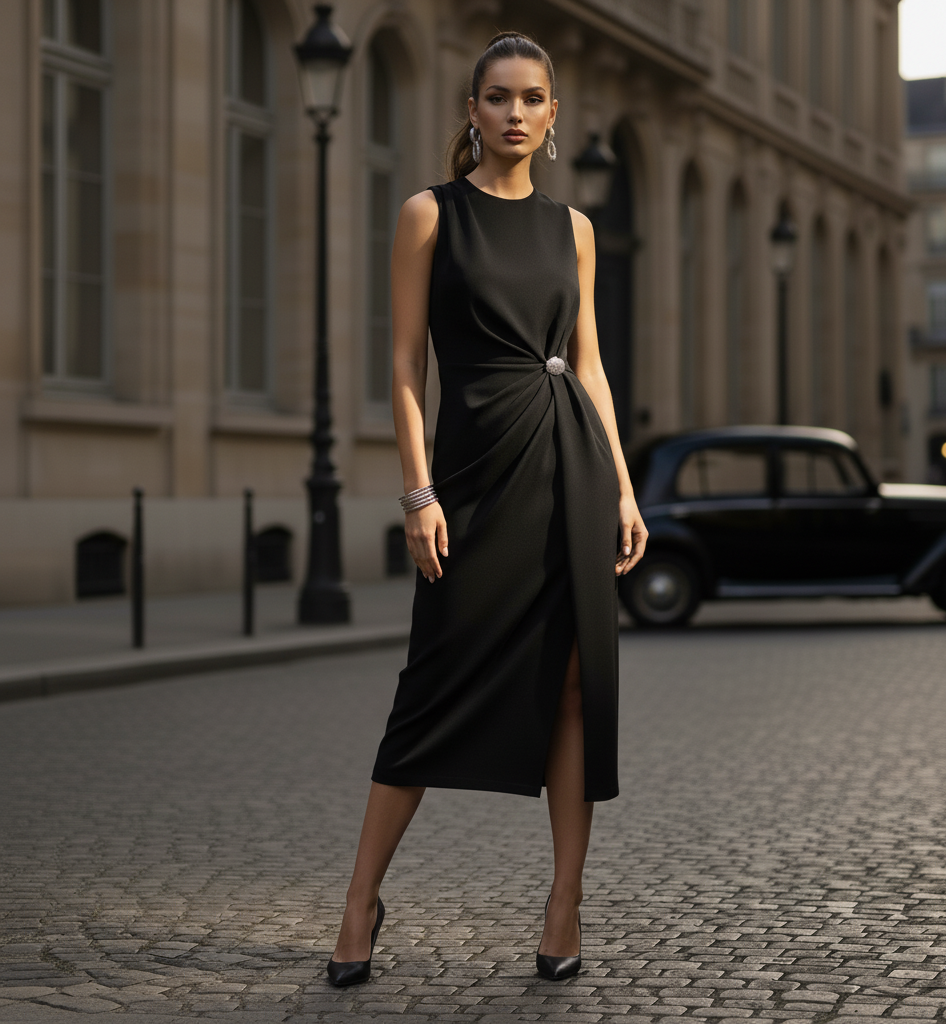 business casual midi dress, office party dress, work event dress women, sophisticated midi dress for work, formal midi dress women, work appropriate midi dress women, work to evening dress, draped midi dress, black midi dress.