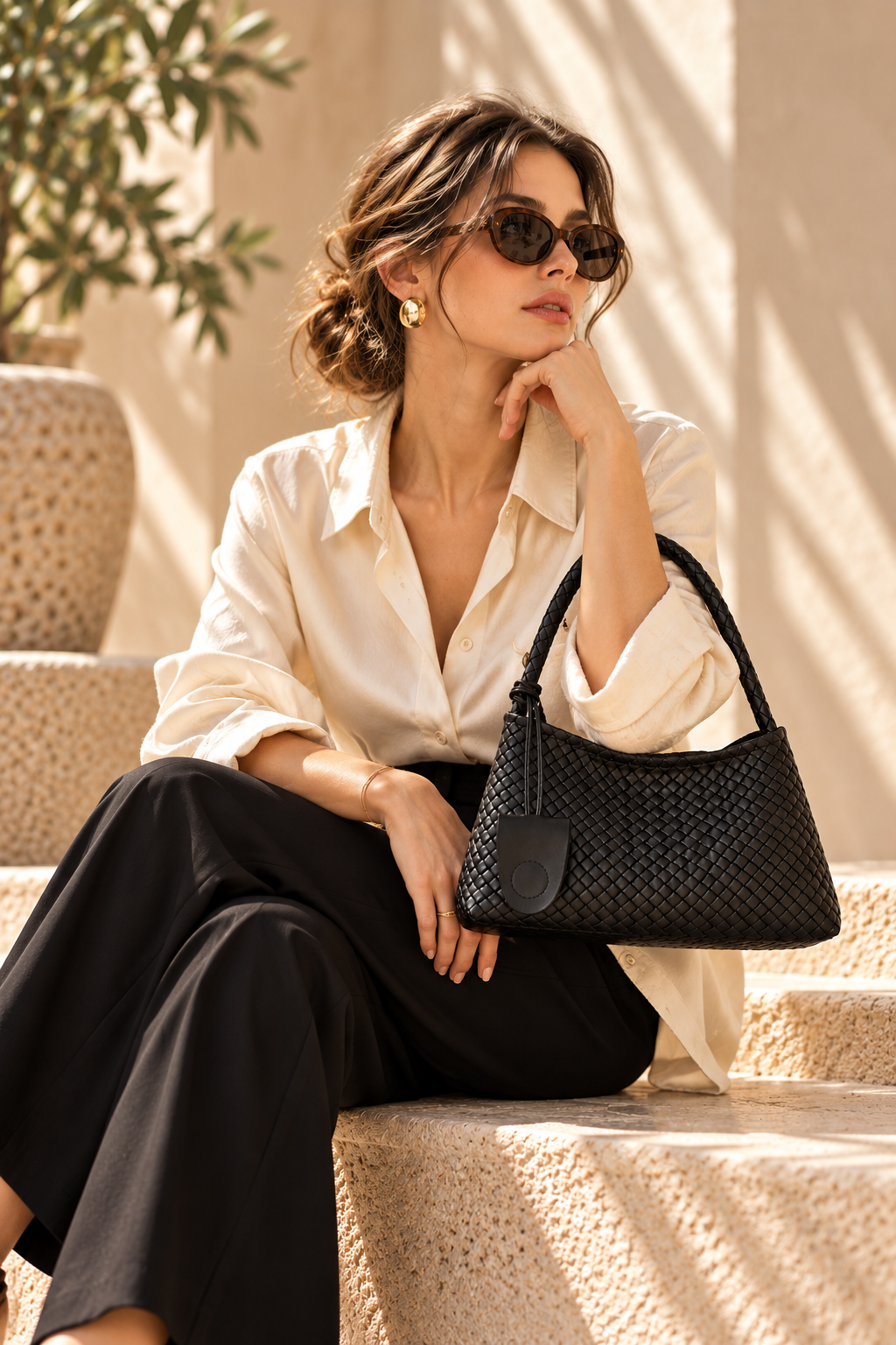 woven shoulder bag, hobo handbag, textured handbag, braided shoulder bag, Women’s black woven hobo handbag with a soft curved silhouette, braided shoulder strap and detailed basket weave surface, paired with a matching zip pouch for polished everyday outfits, office dressing and brunch