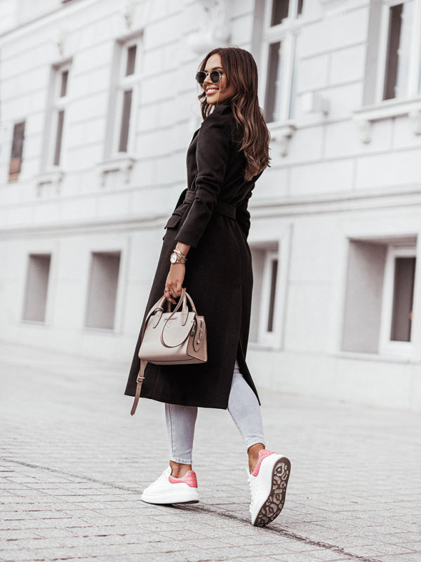Women’s black wool blend wrap coat with adjustable tie belt and structured mid-calf fit, designed for office wear, commuting, and polished everyday layering.