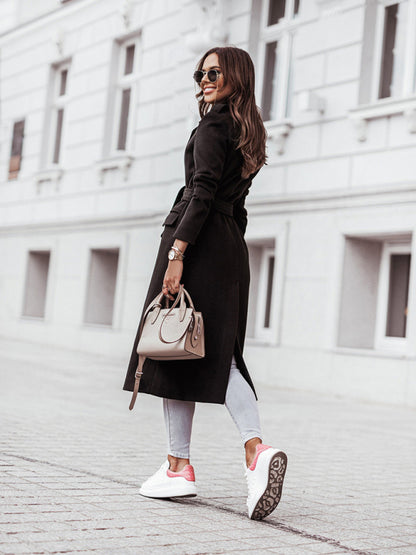 Women’s black wool blend wrap coat with adjustable tie belt and structured mid-calf fit, designed for office wear, commuting, and polished everyday layering.