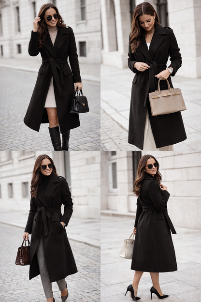 Women’s black wool blend wrap coat with adjustable tie belt and structured mid-calf fit, designed for office wear, commuting, and polished everyday layering.