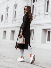 Load image into Gallery viewer, Women’s black wool blend wrap coat with adjustable tie belt and structured mid-calf fit, designed for office wear, commuting, and polished everyday layering.