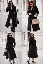 Load image into Gallery viewer, Women’s black wool blend wrap coat with adjustable tie belt and structured mid-calf fit, designed for office wear, commuting, and polished everyday layering.
