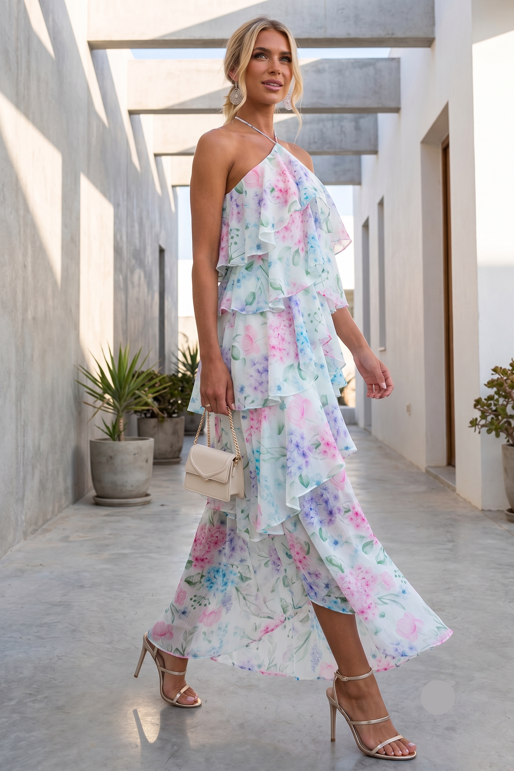 spring soirée dress, blue A-line floral maxi dress, evening party floral dress, prom floral maxi dress, Tiered ruffle maxi dress with airy movement and feminine halter shape, floral wedding guest option with lightweight construction for summer evening floral maxi occasions.
