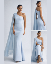 Load image into Gallery viewer, spring gala one shoulder gown, Pleated cape sleeve cascade, blue asymmetrical cape sleeve gown, one shoulder bodycon fit maxi gown dress with pleaeted drape cape sleeves for evening parties, prom dress, wedding guest evening gown, gala one shoulder dress, formal cape sleeve gown, prom evening gown.