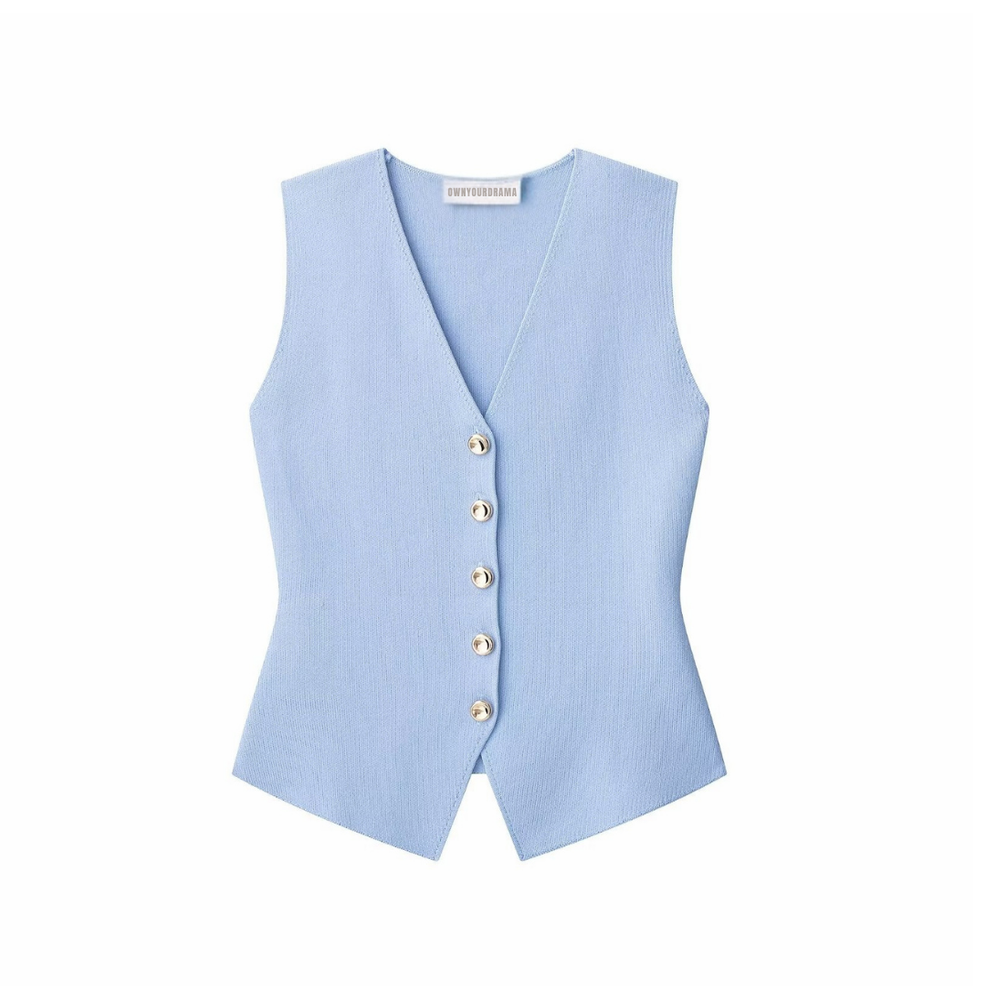 blue buttoned vest women, Vest for women with luxe gold buttons, chic minimalist outfit idea for workwear, brunch styling, or what to wear on vacation.
