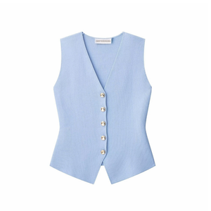 blue buttoned vest women, Vest for women with luxe gold buttons, chic minimalist outfit idea for workwear, brunch styling, or what to wear on vacation.