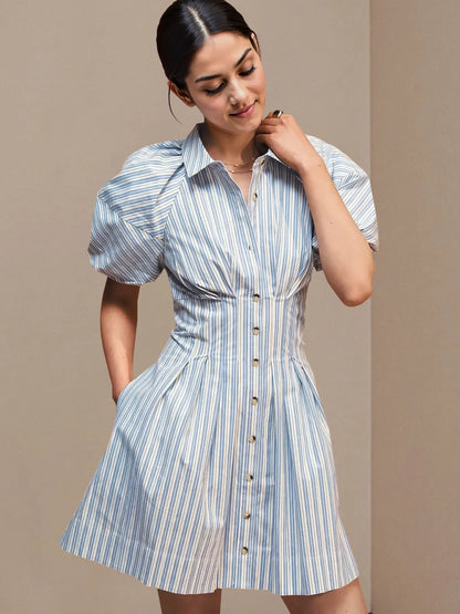 Striped shirt dress women, fit and flare mini dress, button front dress, cinched waist dress, old money aesthetic dress, office casual dress women, structured fit and flare dress, Pinterest aesthetic summer dress, quiet luxury summer outfit, tailored shirt dress outfit, expensive looking dresses.