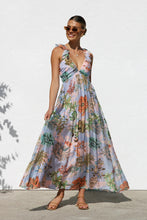 Load image into Gallery viewer, ruffle floral maxi sundress for women, summer flowy floral maxi dress, floral maxi dress, Empire cut maxi dress, low back sundress maxi, flowy maxi dress, long maxi dress, beach maxi dress, vacation dress, long flowy dresses, summer sundress,  Spring fashion Europe, Boho summer dress UK, Tropical resort dress UK.