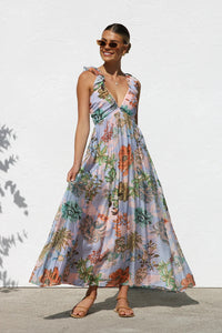 ruffle floral maxi sundress for women, summer flowy floral maxi dress, floral maxi dress, Empire cut maxi dress, low back sundress maxi, flowy maxi dress, long maxi dress, beach maxi dress, vacation dress, long flowy dresses, summer sundress,  Spring fashion Europe, Boho summer dress UK, Tropical resort dress UK.