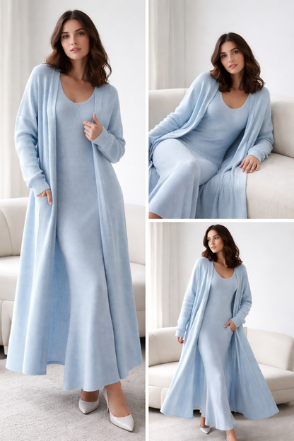 sky blue knit maxi dress and cardigan set, beige knit outfit set, green longline cardigan maxi dress, sleeveless knit maxi co-ord, business casual knit set, quiet luxury knit maxi, old money fall outfit set, comfy knit maxi dress set, v-neck knit maxi cardigan, flowy cardigan knit dress.