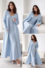 Load image into Gallery viewer, sky blue knit maxi dress and cardigan set, beige knit outfit set, green longline cardigan maxi dress, sleeveless knit maxi co-ord, business casual knit set, quiet luxury knit maxi, old money fall outfit set, comfy knit maxi dress set, v-neck knit maxi cardigan, flowy cardigan knit dress.