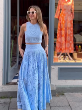 Load image into Gallery viewer, crop top and skirt set, two piece co-ord set, matching skirt and top set, eyelet co-ord set, summer co-ord outfit, matching set for women, eyelet dress, lace dress, maxi skirt and crop top set, chic two piece outfit for brunch or holiday, elegant crop top and skirt set for women.