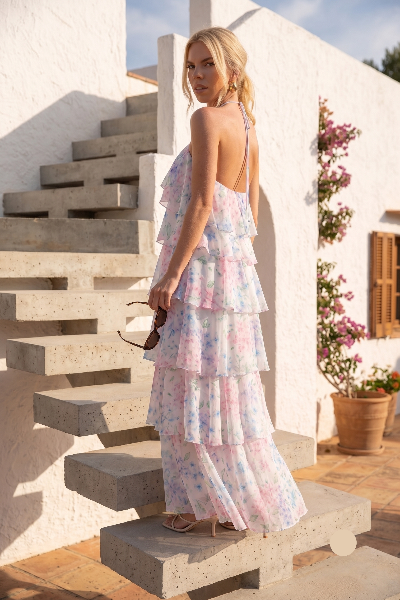 blue ruffle floral maxi dress, Open back maxi dress with tiered construction and soft floral print, lightweight floral maxi perfect for vineyard wedding dress styling and destination garden maxi events, boho floral maxi dress, A-line floral maxi, countryside wedding maxi, tiered A-line floral maxi dress, pink blue floral garden party maxi.
