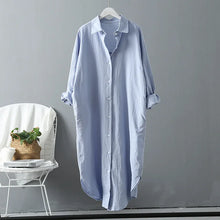 Load image into Gallery viewer, shirt dress for women, beach cover up dress, oversized linen shirt dress, cotton shirt dress, shirt dress midi, relaxed button down shirt dress, oversized casual dress, business casual shirt dress, linen dress casual, work shirt dress, spring summer shirt dress outfits.