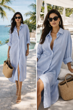Load image into Gallery viewer, casual shirt dress, long shirt dress, summer shirt dress, casual office shirt dress women, button down shirt dress, Shirt dress midi in cotton linen shirt dress midi length design, oversized shirt dress fit with button down shirt dress detail for casual office shirt dress women styling.