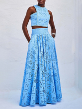 Load image into Gallery viewer, womens two piece set, crop top and skirt set, Two Piece skirt set, eyelet dress, Two piece Maxi Dress, skirt set, two piece sets women, lace dress,  two piece lounge sets, summer co ord outfits, two piece co ord set skirt, beach maxi dress, Stylish summer co-ord set, High neck crop top and flowy skirt outfit for women aged 24–44.