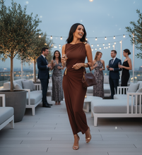 Load image into Gallery viewer, boat neck maxi dress women, brown draped maxi dress women, gold ring detail maxi dress, draped formal gown women, gown maxi dress, ruched maxi dress, ruched draped maxi dress, chocolate draped gown women, brown maxi dress for evening.