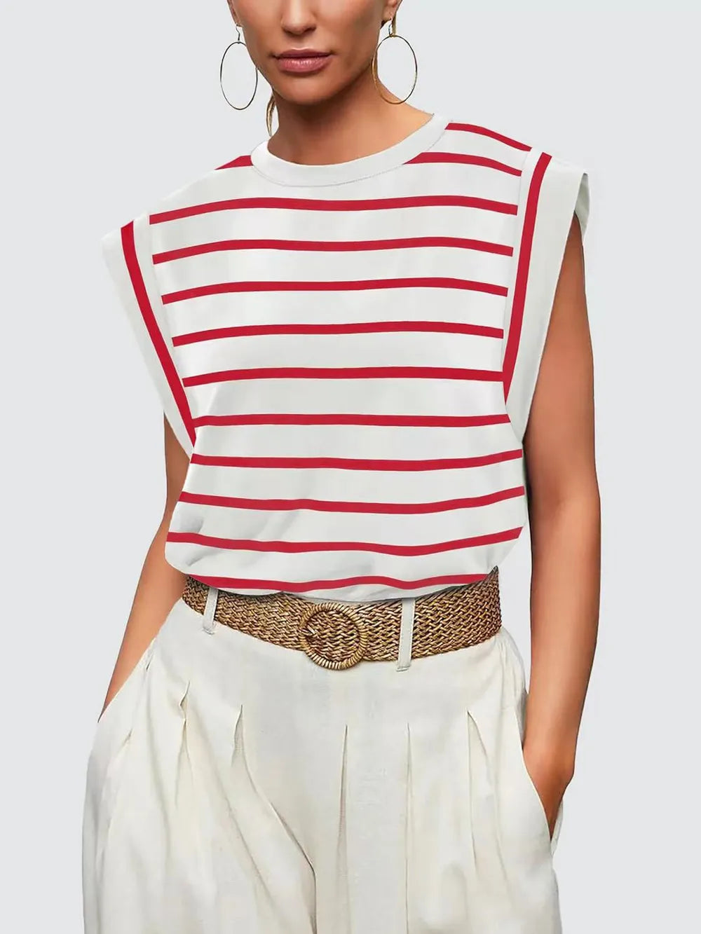 relaxed fit striped shirt, casual workwear summer top, red striped top aesthetic, Red and white striped sleeveless top in breathable stretch fabric with an easy relaxed fit, French girl aesthetic summer top for casual brunch outfits and coastal chic looks, effortless chic fashion women.
