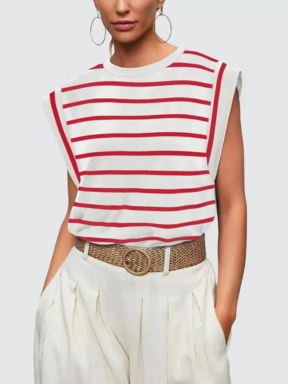 relaxed fit striped shirt, casual workwear summer top, red striped top aesthetic, Red and white striped sleeveless top in breathable stretch fabric with an easy relaxed fit, French girl aesthetic summer top for casual brunch outfits and coastal chic looks, effortless chic fashion women.