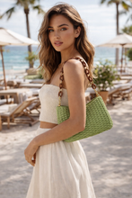 Load image into Gallery viewer, straw purse, Women's straw shoulder bag with woven straw body and chunky resin chain strap, structured natural fiber handbag perfect as a straw bag for women for summer outfits and casual beach day styling, shoulder sling bag for women, straw handbag, wicker bag,  resort bag, raffia shoulder bag.