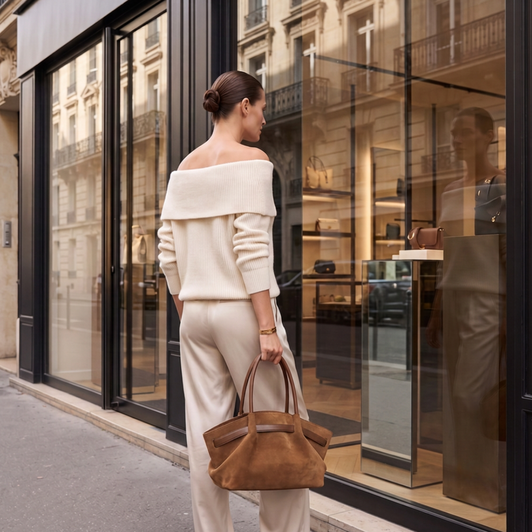 Quiet luxury tote bag designed with an oversized slouchy tote shape, plush faux suede texture, comfortable shoulder straps, and large interior for a versatile everyday tote bag women.