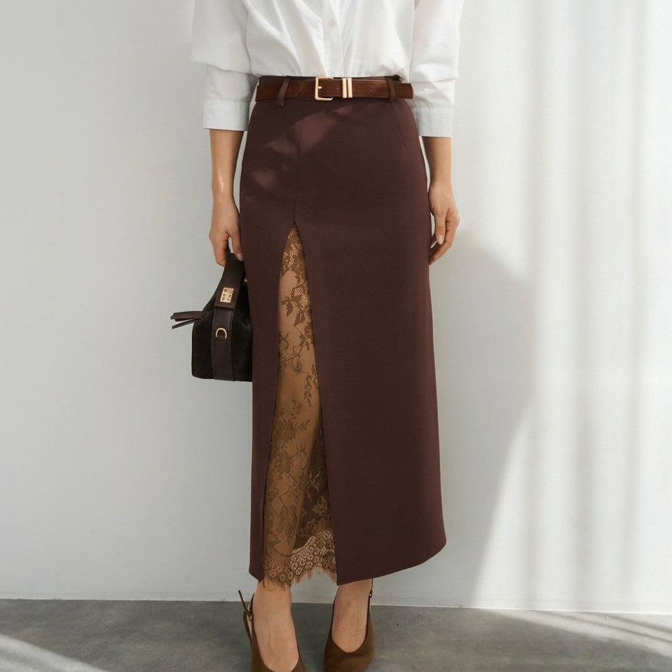 brown lace midi skirt, high waist pencil midi skirt, women’s elegant workwear skirt, minimalist pencil skirt, Women’s high waisted midi skirt with floral lace slit in refined woven fabric, chic elegant dinner outfit skirt for polished date night styling looks, workwear outfits women, elevated basics women.
