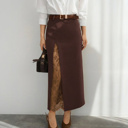 brown lace midi skirt, high waist pencil midi skirt, women’s elegant workwear skirt, minimalist pencil skirt, Women’s high waisted midi skirt with floral lace slit in refined woven fabric, chic elegant dinner outfit skirt for polished date night styling looks, workwear outfits women, elevated basics women.