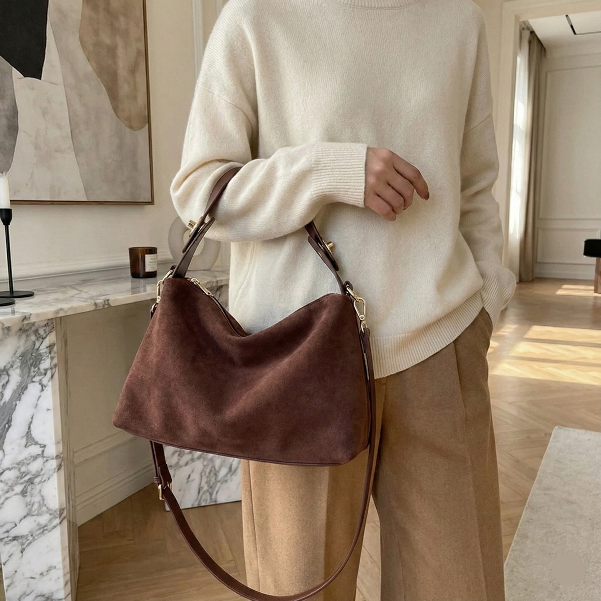 slouchy hobo bag, Soft suede shoulder tote, top handle plus detachable strap, slouchy hobo handbag, weekend bag, commuter purse, quieter-luxury accessory, best fall crossbody bag, hobo tote bag, minimalist tote bag, suede bag women.