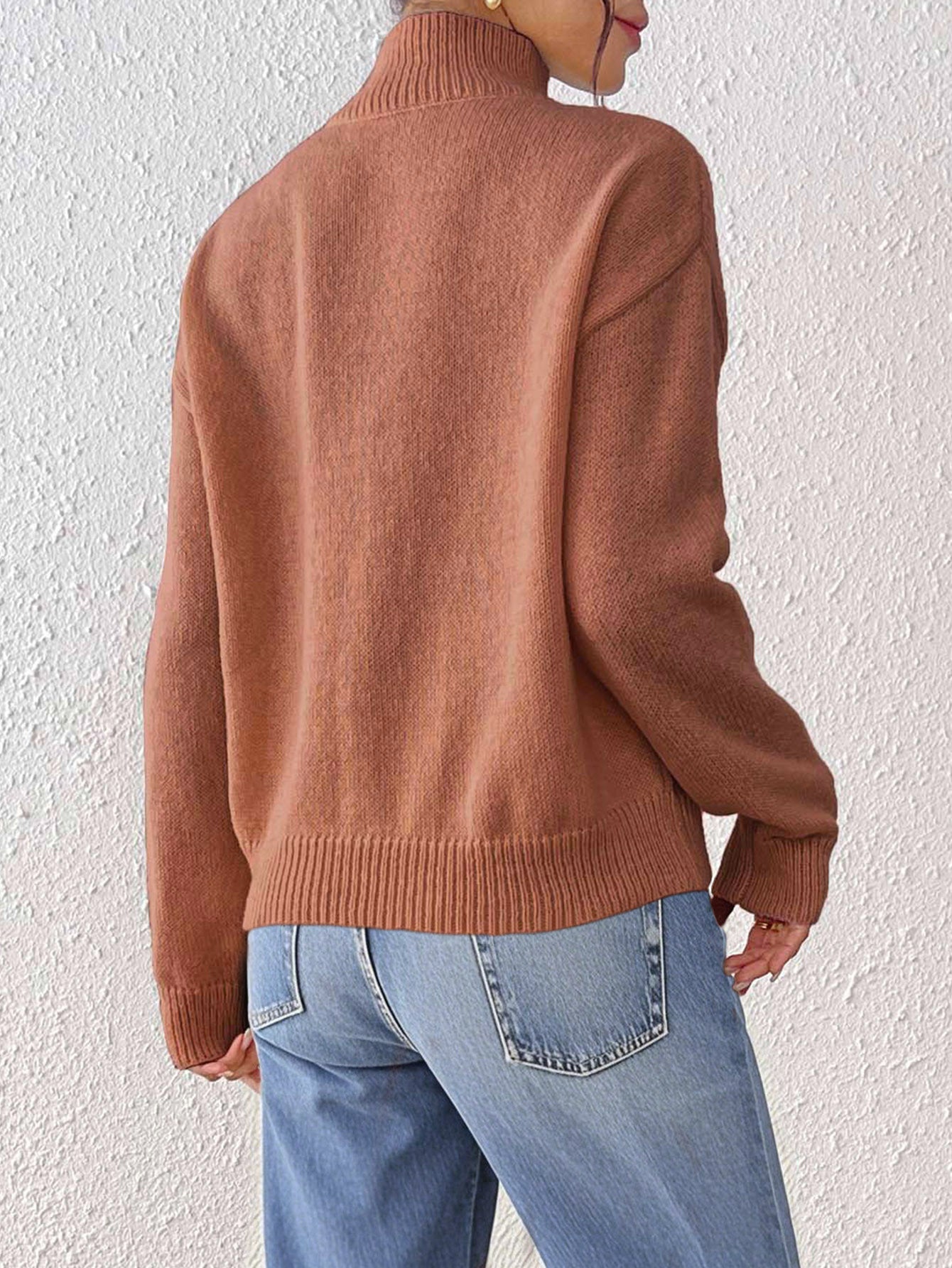 Beige high-neck wool-blend sweater with daisy buttons, cozy fall knit top for women, soft girl aesthetic outfit, quiet luxury sweater perfect for winter layering and casual workwear.