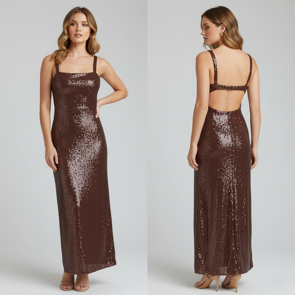 brown evening sequin dress, spaghetti strap sequin dress, Sleek brown glitter-sequin midi dress with spaghetti straps designed for festive celebrations, sparkly party outfits, holiday events, evening glamour, and modern quiet-luxury fashion, sparkle sequin dress, glam sequin dress.