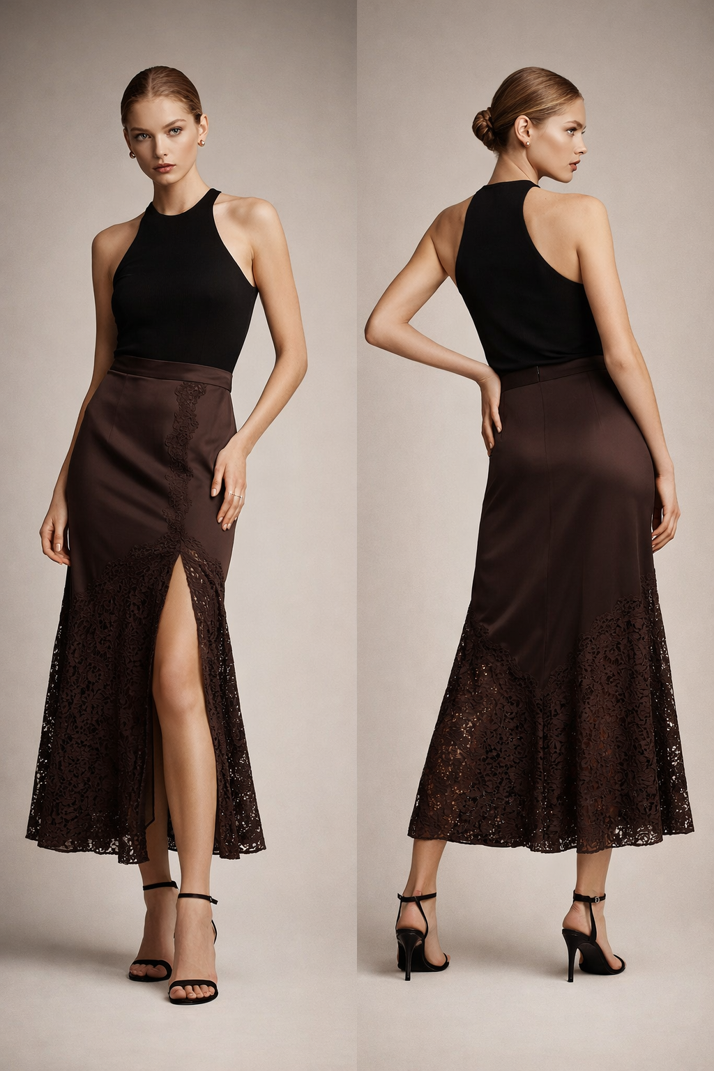 satin slip midi skirt, chocolate brown satin skirt, lace hem satin midi, satin slip skirt with high slit, elegant satin midi skirt outfit, elegant midi skirt, satin skirt outfit, lace midi skirt.