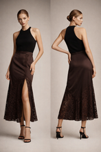 Load image into Gallery viewer, satin slip midi skirt, chocolate brown satin skirt, lace hem satin midi, satin slip skirt with high slit, elegant satin midi skirt outfit, elegant midi skirt, satin skirt outfit, lace midi skirt.