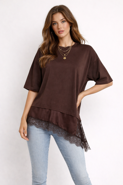 oversized top with lace hem, casual outfit top women, satin lace hem top, faux layered top, layered look top women, layered lace hem top, oversized layered t shirt, satin lace trim top, layered illusion t shirt, casual oversized layered top outfit women, minimalist layered outfit top women, oversized tee with lace trim hem outfit.