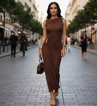 Load image into Gallery viewer, cocktail party brown dress women, fall wedding guest dress women, brown maxi dress for evening, ruched formal dress brown women, elegant cocktail dress, brown dress women, maxi evening gown women, ruched formal dress brown women.