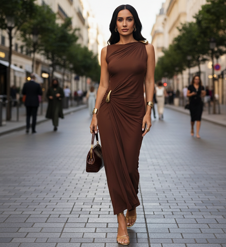cocktail party brown dress women, fall wedding guest dress women, brown maxi dress for evening, ruched formal dress brown women, elegant cocktail dress, brown dress women, maxi evening gown women, ruched formal dress brown women.